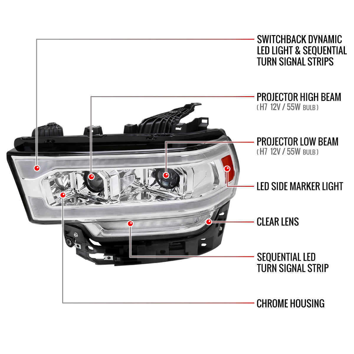 2019-2024 Dodge RAM 2500/3500/4500/5500 Switchback Sequential LED Turn Signal Projector Headlights (Chrome Housing/Clear Lens)