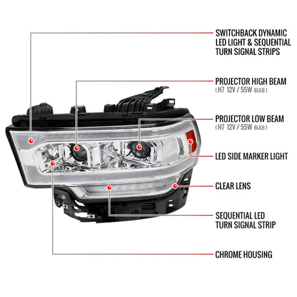 2019-2024 Dodge RAM 2500/3500/4500/5500 Switchback Sequential LED Turn Signal Projector Headlights (Chrome Housing/Clear Lens)