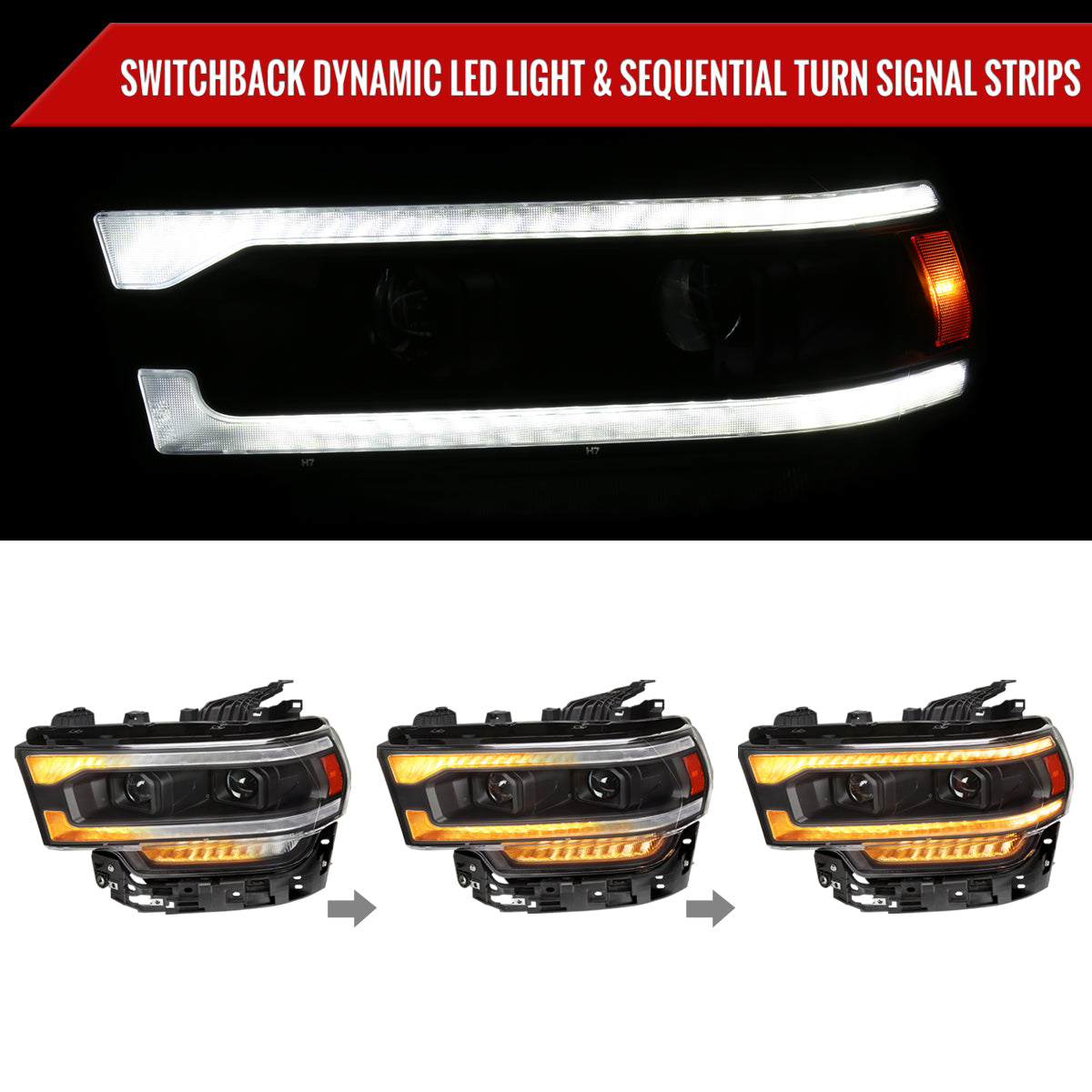 2019-2024 Dodge RAM 2500/3500/4500/5500 Switchback Sequential LED Turn Signal Projector Headlights (Matte Black Housing/Clear Lens)