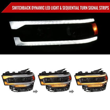 2019-2024 Dodge RAM 2500/3500/4500/5500 Switchback Sequential LED Turn Signal Projector Headlights (Matte Black Housing/Clear Lens)