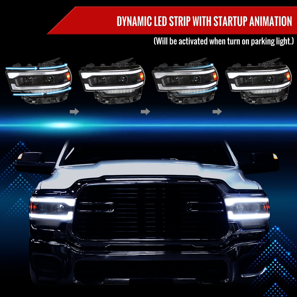 2019-2024 Dodge RAM 2500/3500/4500/5500 Switchback Sequential LED Turn Signal Projector Headlights (Matte Black Housing/Clear Lens)
