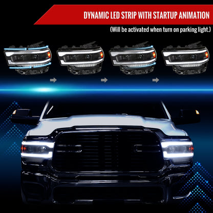 2019-2024 Dodge RAM 2500/3500/4500/5500 Switchback Sequential LED Turn Signal Projector Headlights (Matte Black Housing/Clear Lens)
