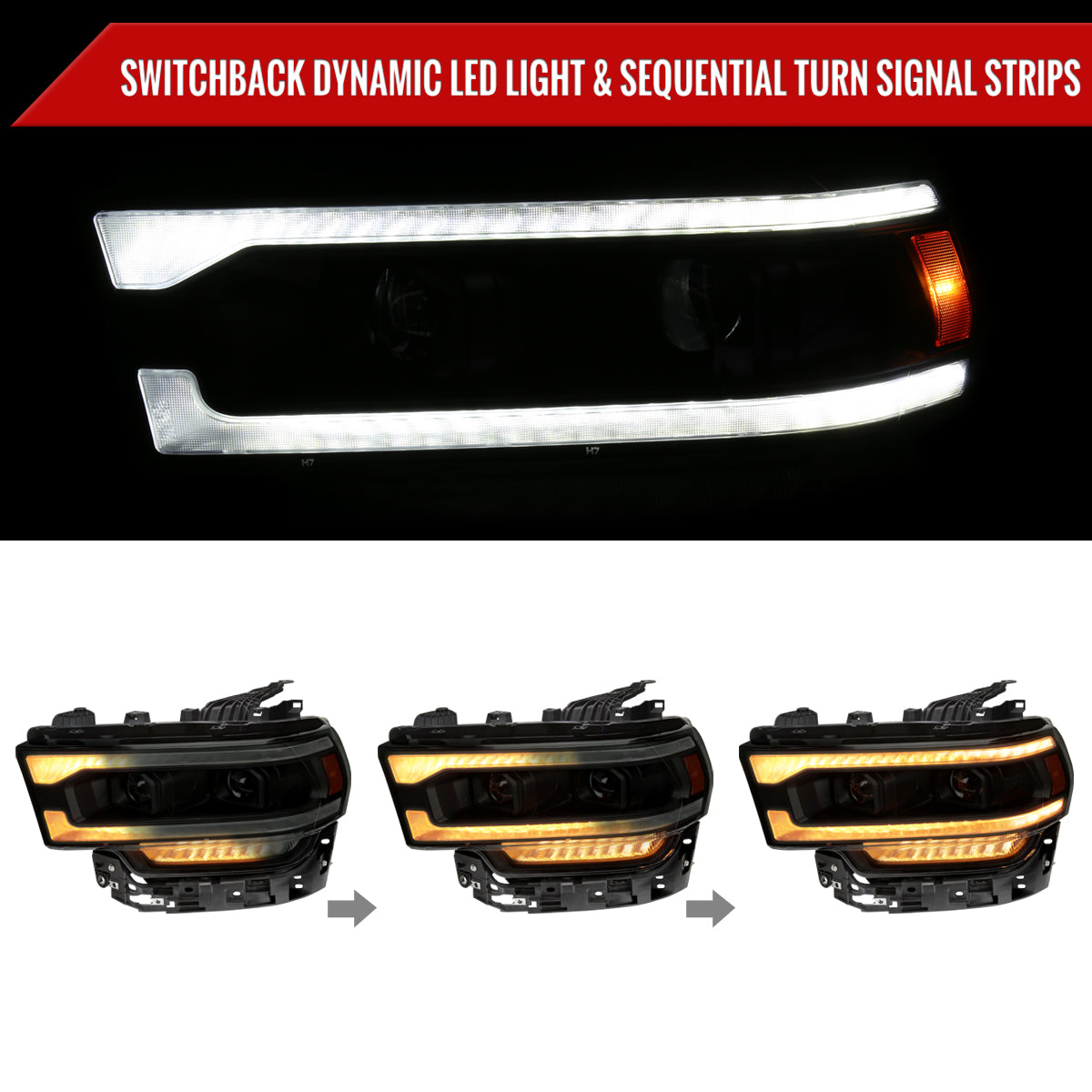 2019-2024 Dodge RAM 2500/3500/4500/5500 Switchback Sequential LED Turn Signal Projector Headlights (Jet Black Housing/Smoked Lens)