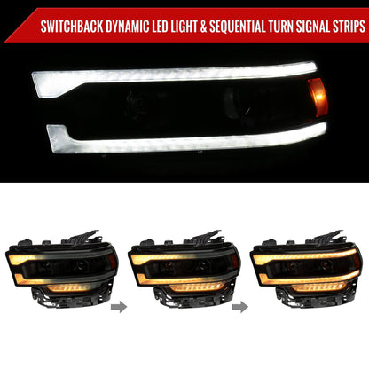 2019-2024 Dodge RAM 2500/3500/4500/5500 Switchback Sequential LED Turn Signal Projector Headlights (Jet Black Housing/Smoked Lens)