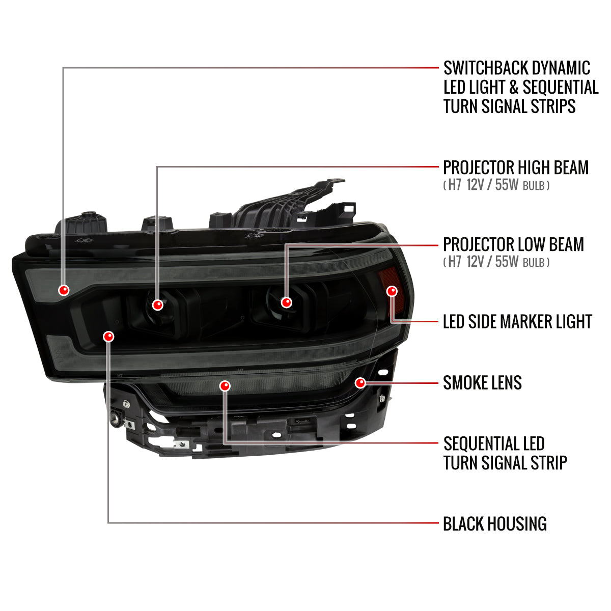 2019-2024 Dodge RAM 2500/3500/4500/5500 Switchback Sequential LED Turn Signal Projector Headlights (Jet Black Housing/Smoked Lens)