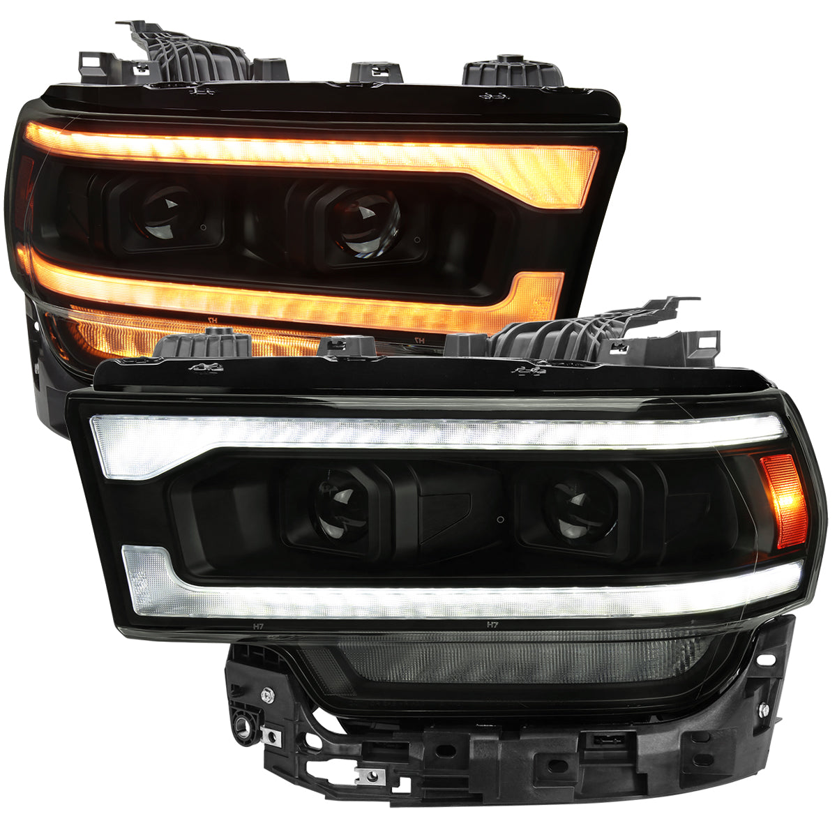 2019-2024 Dodge RAM 2500/3500/4500/5500 Switchback Sequential LED Turn Signal Projector Headlights (Jet Black Housing/Smoked Lens)
