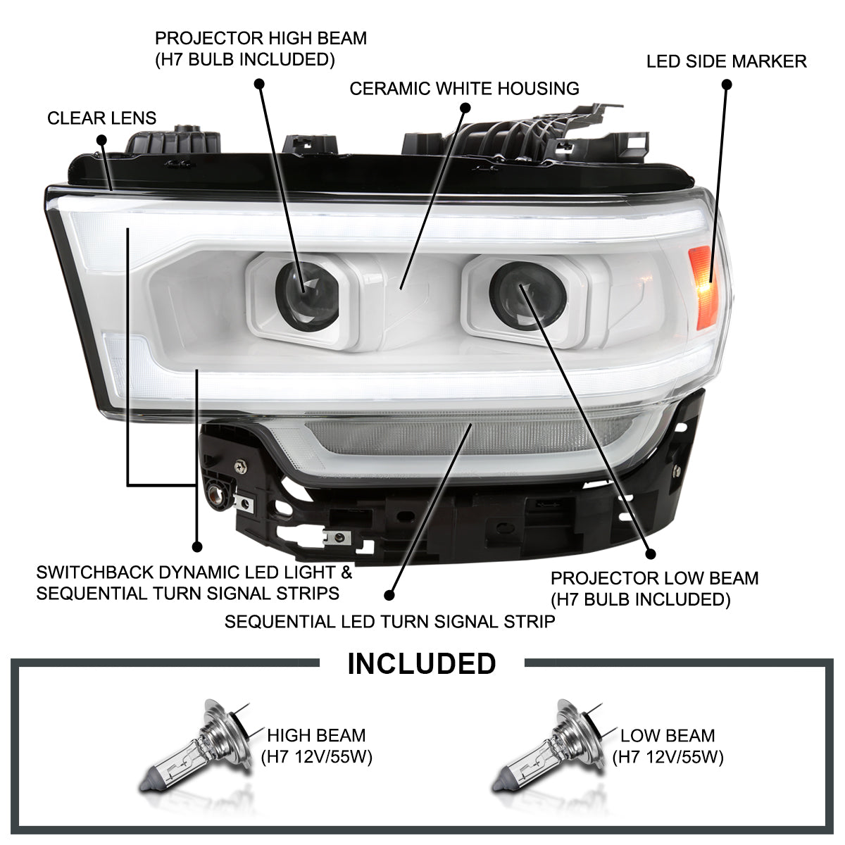 2019-2024 Dodge RAM 2500/3500/4500/5500 Switchback Sequential LED Turn Signal Projector Headlights (White Housing/Clear Lens)