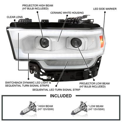 2019-2024 Dodge RAM 2500/3500/4500/5500 Switchback Sequential LED Turn Signal Projector Headlights (White Housing/Clear Lens)