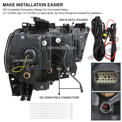 2019-2024 Dodge RAM 2500/3500/4500/5500 Switchback Sequential LED Turn Signal Projector Headlights (White Housing/Clear Lens)