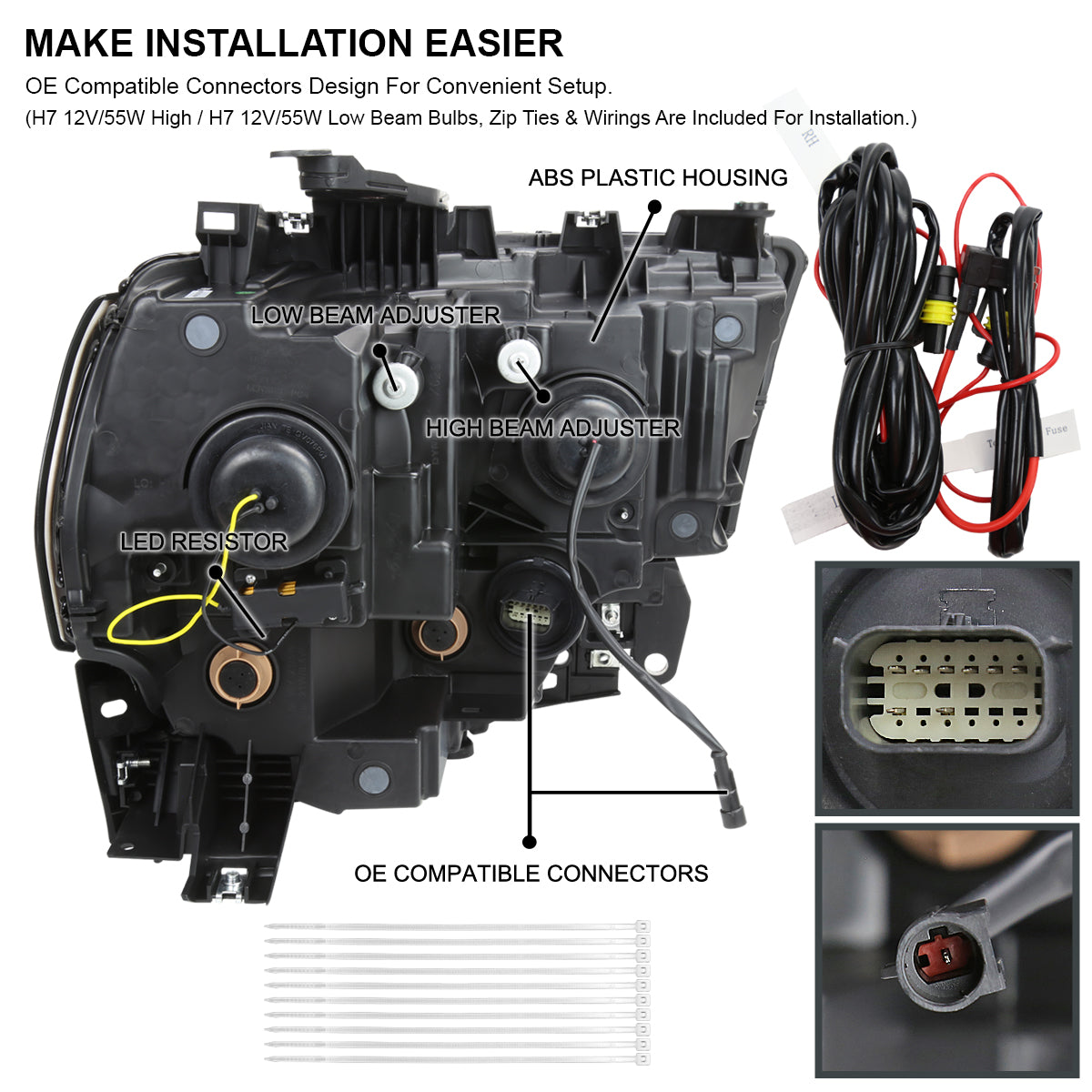 2019-2024 Dodge RAM 2500/3500/4500/5500 Switchback Sequential LED Turn Signal Projector Headlights (White Housing/Clear Lens)
