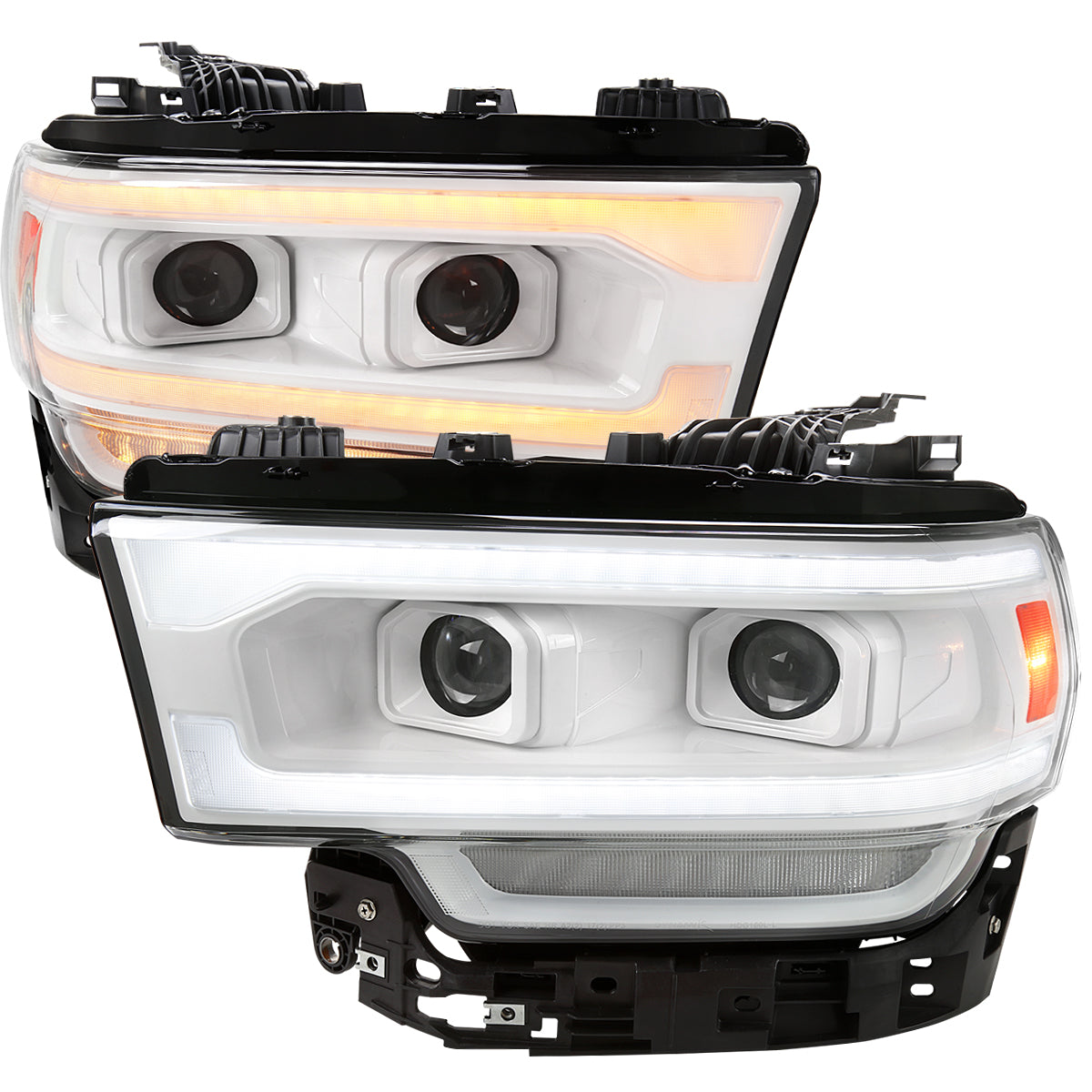 2019-2024 Dodge RAM 2500/3500/4500/5500 Switchback Sequential LED Turn Signal Projector Headlights (White Housing/Clear Lens)
