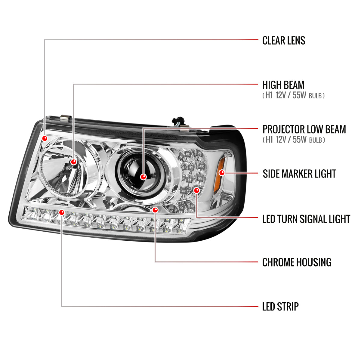2001-2011 Ford Ranger Projector Headlights w/ LED Light Strip & LED Turn Signal Lights (Chrome Housing/Clear Lens)