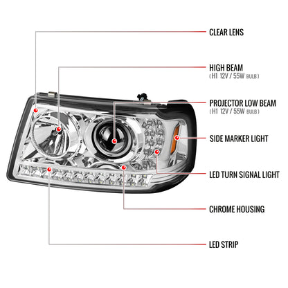 2001-2011 Ford Ranger Projector Headlights w/ LED Light Strip & LED Turn Signal Lights (Chrome Housing/Clear Lens)