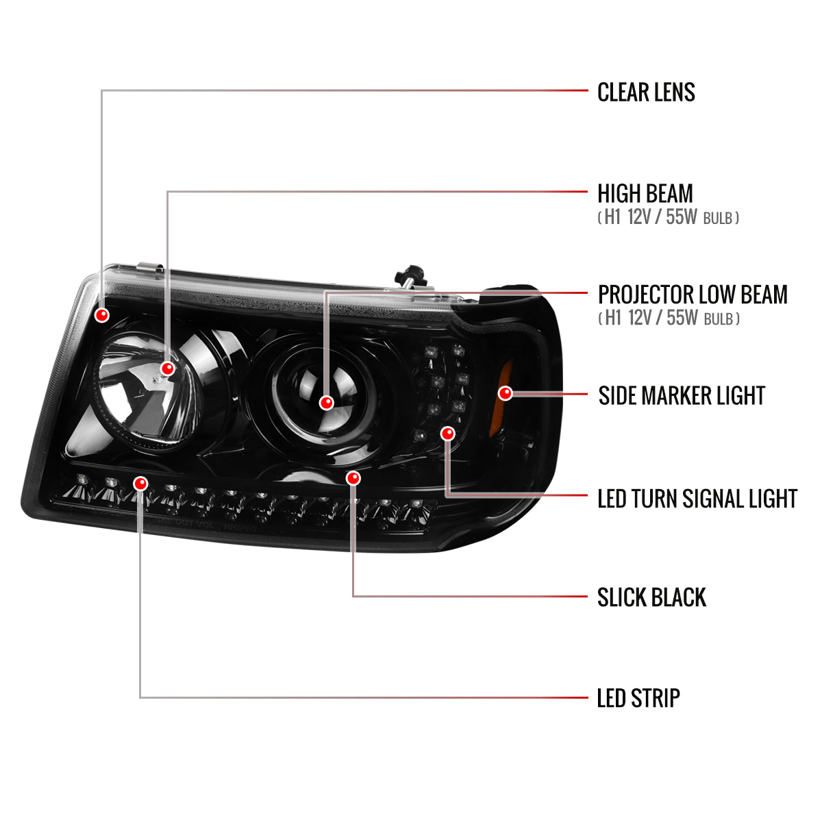 2001-2011 Ford Ranger Projector Headlights w/ LED Light Strip & LED Turn Signal Lights (Jet Black Housing/Clear Lens)