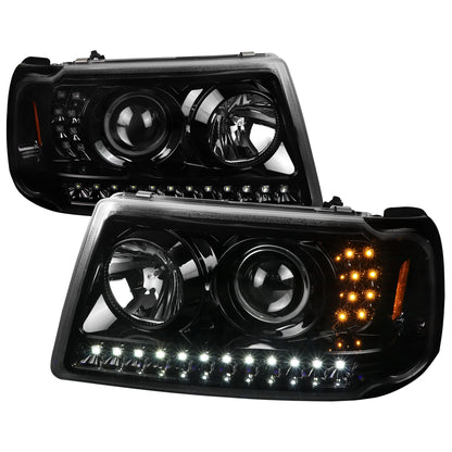 2001-2011 Ford Ranger Projector Headlights w/ LED Light Strip & LED Turn Signal Lights (Jet Black Housing/Clear Lens)