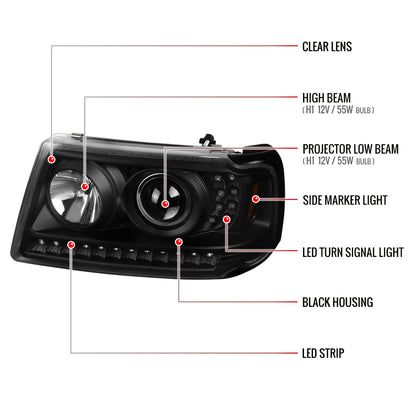 2001-2011 Ford Ranger Projector Headlights w/ LED Light Strip & LED Turn Signal Lights (Matte Black Housing/Clear Lens)