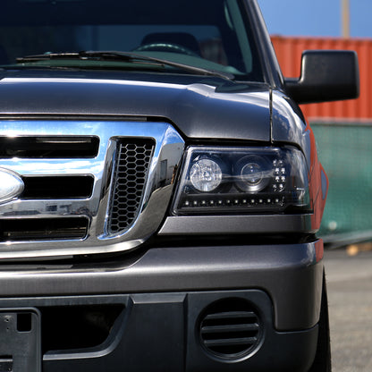 2001-2011 Ford Ranger Projector Headlights w/ LED Light Strip & LED Turn Signal Lights (Matte Black Housing/Clear Lens)