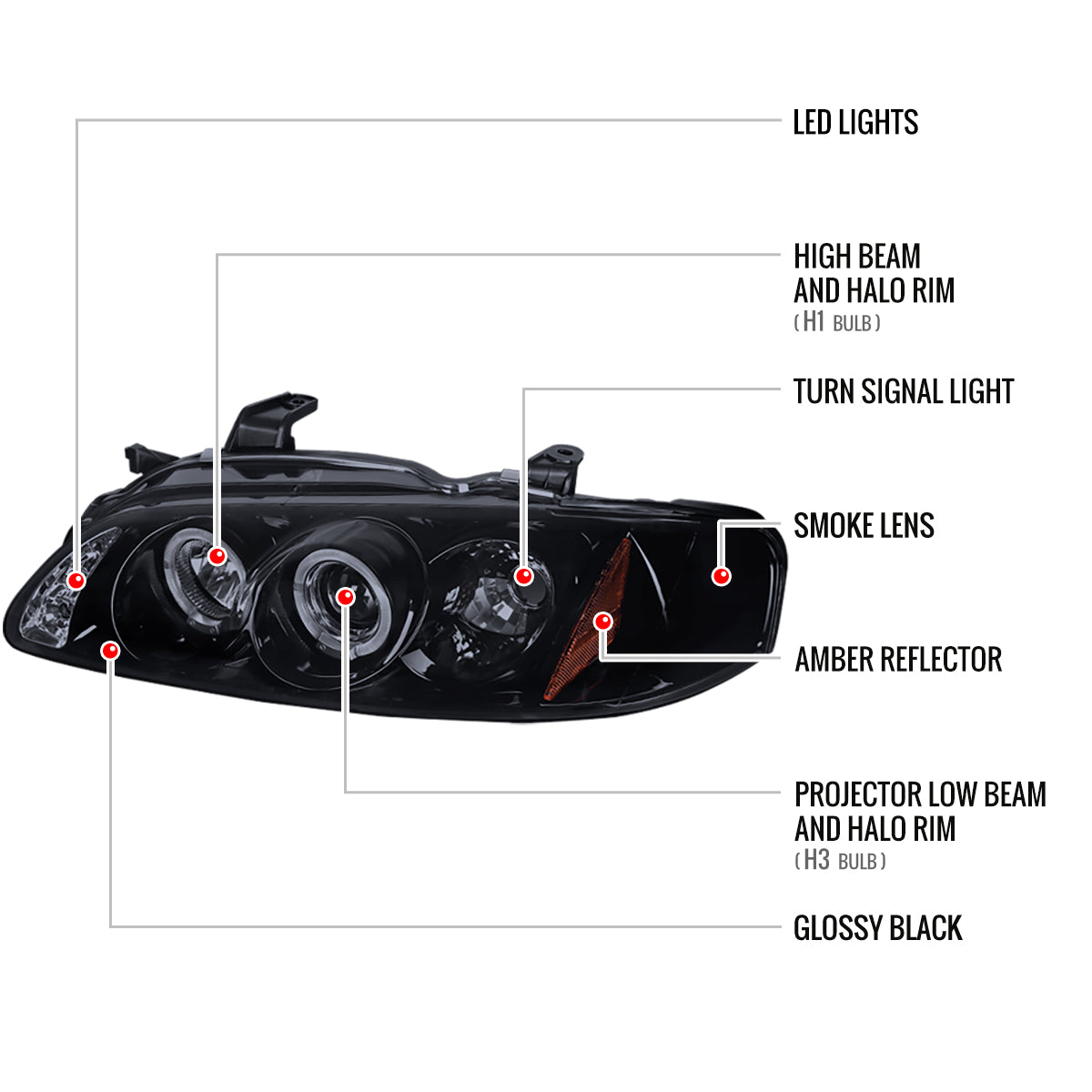 2000-2003 Nissan Sentra Dual Halo Projector Headlights (Glossy Black Housing/Smoked Lens)