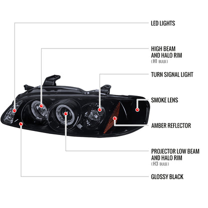 2000-2003 Nissan Sentra Dual Halo Projector Headlights (Glossy Black Housing/Smoked Lens)