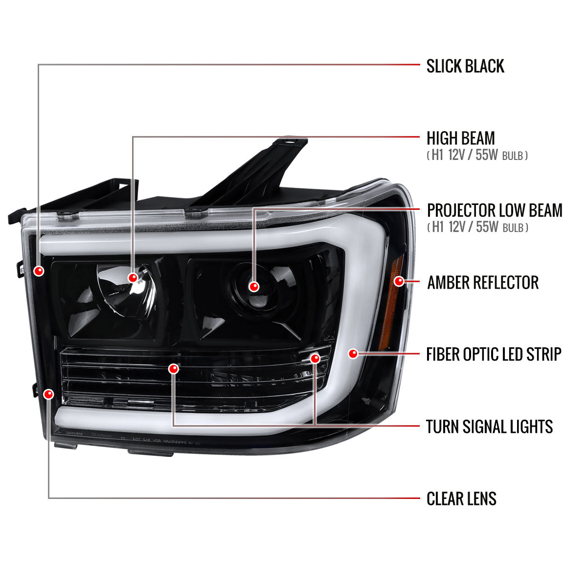2007-2013 GMC Sierra 1500 / 2007-2014 Sierra 1500HD 2500HD 3500HD / 2009-2013 Sierra 1500 Hybrid LED C-Bar Projector Headlights (Jet Black Housing/Clear Lens)