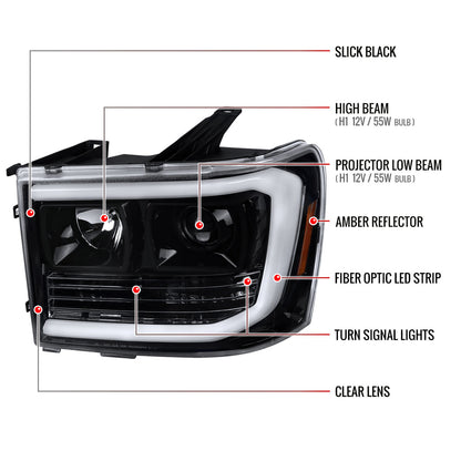 2007-2013 GMC Sierra 1500 / 2007-2014 Sierra 1500HD 2500HD 3500HD / 2009-2013 Sierra 1500 Hybrid LED C-Bar Projector Headlights (Jet Black Housing/Clear Lens)