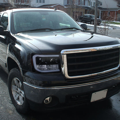 2007-2013 GMC Sierra 1500 / 2007-2014 Sierra 1500HD 2500HD 3500HD / 2009-2013 Sierra 1500 Hybrid LED C-Bar Projector Headlights (Glossy Black Housing/Smoked Lens)