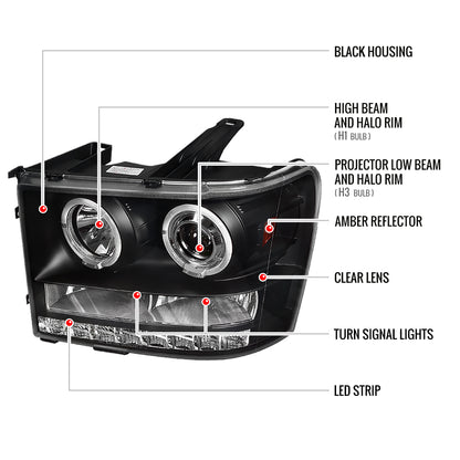 2007-2014 GMC Sierra SMD Dual Halo Projector Headlights (Matte Black Housing/Clear Lens)