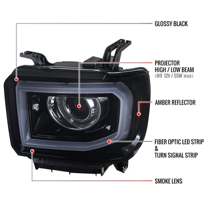 2014-2019 GMC Sierra 1500/2500/3500 LED Bar Projector Headlights w/ LED Turn Signals Lights (Glossy Black Housing/Smoked Lens)