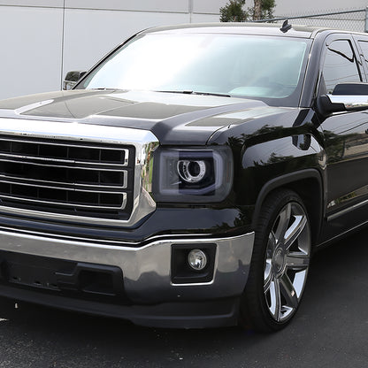 2014-2019 GMC Sierra 1500/2500/3500 LED Bar Projector Headlights w/ LED Turn Signals Lights (Glossy Black Housing/Smoked Lens)
