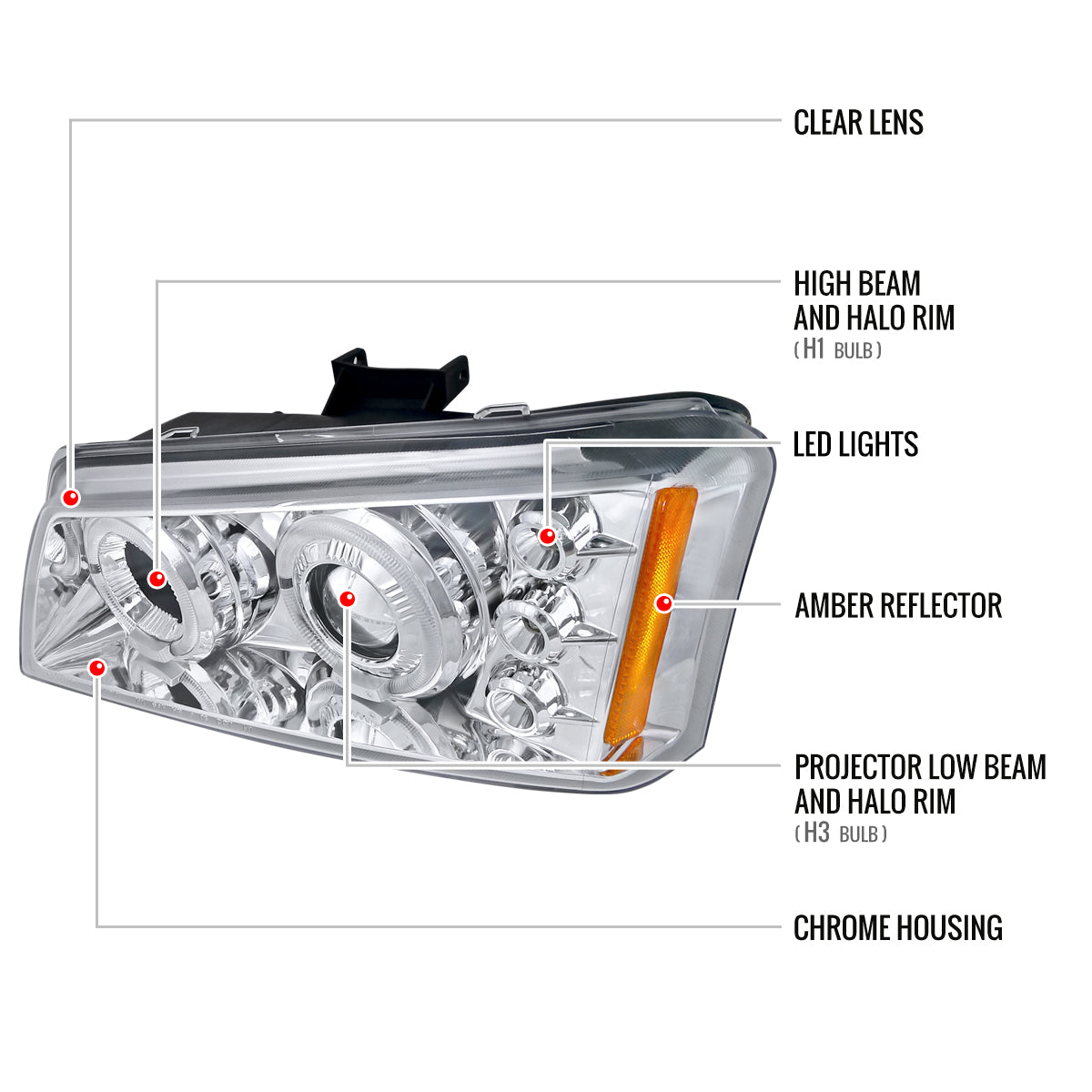 2002-2006 Chevrolet Avalanche/ 2003-2007 Silverado Dual Halo Projector Headlights (Chrome Housing/Clear Lens)
