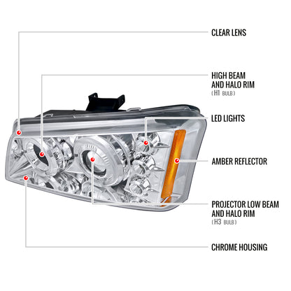 2002-2006 Chevrolet Avalanche/ 2003-2007 Silverado Dual Halo Projector Headlights (Chrome Housing/Clear Lens)