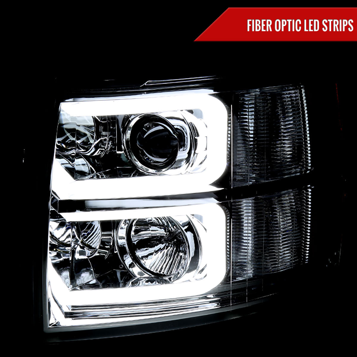 2007-2013 Chevrolet Silverado 1500/ 2007-2014 Silverado 2500HD 3500HD Dual LED C-Bar Projector Headlights (Chrome Housing/Clear Lens)