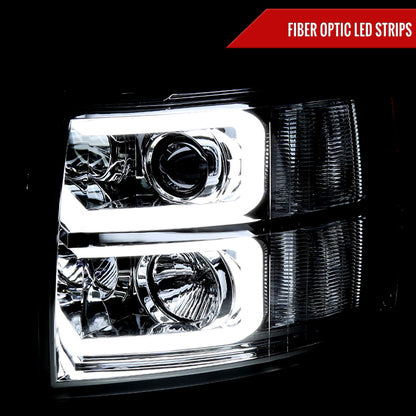 2007-2013 Chevrolet Silverado 1500/ 2007-2014 Silverado 2500HD 3500HD Dual LED C-Bar Projector Headlights (Chrome Housing/Clear Lens)