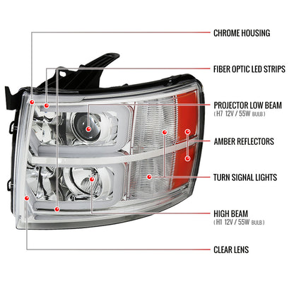 2007-2013 Chevrolet Silverado 1500/ 2007-2014 Silverado 2500HD 3500HD Dual LED C-Bar Projector Headlights (Chrome Housing/Clear Lens)