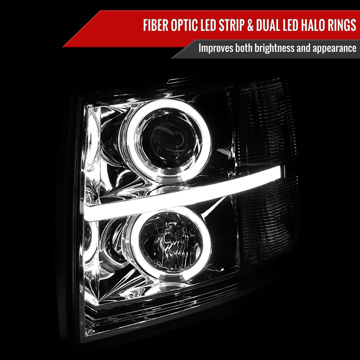 2007-2013 Chevrolet Silverado 1500/ 2007-2014 Silverado 2500HD 3500HD Dual Halo Projector Headlights w/ LED Light Bar (Chrome Housing/Clear Lens)