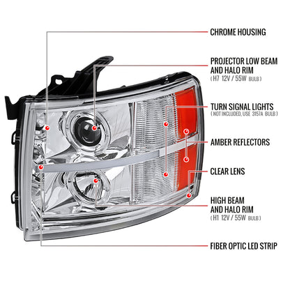 2007-2013 Chevrolet Silverado 1500/ 2007-2014 Silverado 2500HD 3500HD Dual Halo Projector Headlights w/ LED Light Bar (Chrome Housing/Clear Lens)