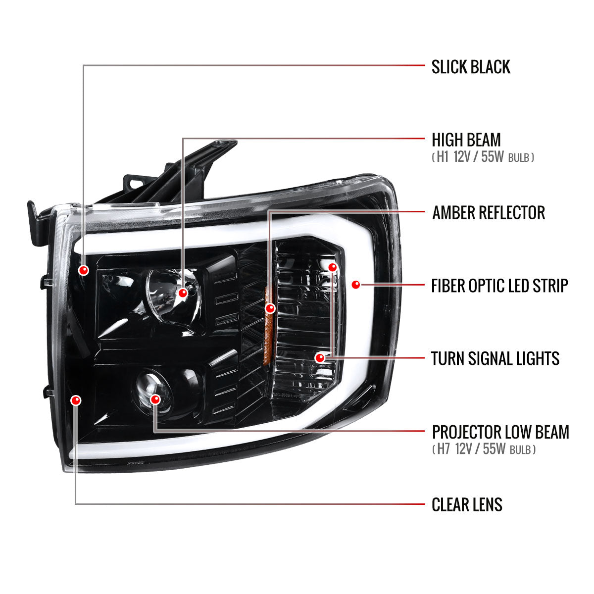 2007-2014 Chevrolet Silverado 1500/2500HD/3500HD LED C-Bar Projector Headlights (Jet Black Housing/Clear Lens)