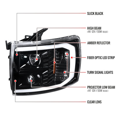 2007-2014 Chevrolet Silverado 1500/2500HD/3500HD LED C-Bar Projector Headlights (Jet Black Housing/Clear Lens)