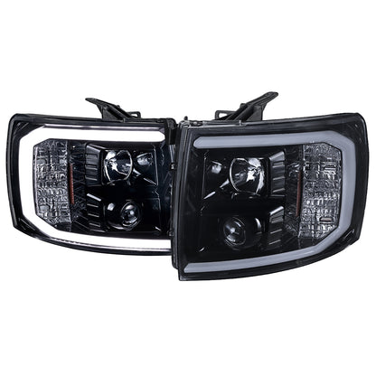 2007-2013 Chevrolet Silverado 1500/ 2007-2014 Silverado 2500HD 3500HD  LED C-Bar Projector Headlights (Glossy Black Housing/Smoked Lens)