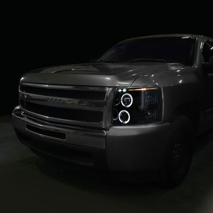 2007-2013 Chevrolet Silverado 1500/ 2007-2014 Silverado 2500HD 3500HD Dual Halo Projector Headlights (Glossy Black Housing/Smoked Lens)