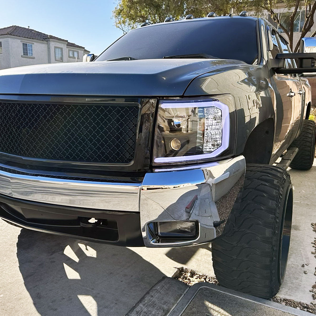 2007-2014 Chevrolet Silverado 1500/2500HD/3500HD LED C-Bar Projector Headlights (Matte Black Housing/Clear Lens)