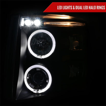 2007-2013 Chevrolet Silverado 1500/ 2007-2014 Silverado 2500HD 3500HD Dual Halo Projector Headlights (Matte Black Housing/Clear Lens)
