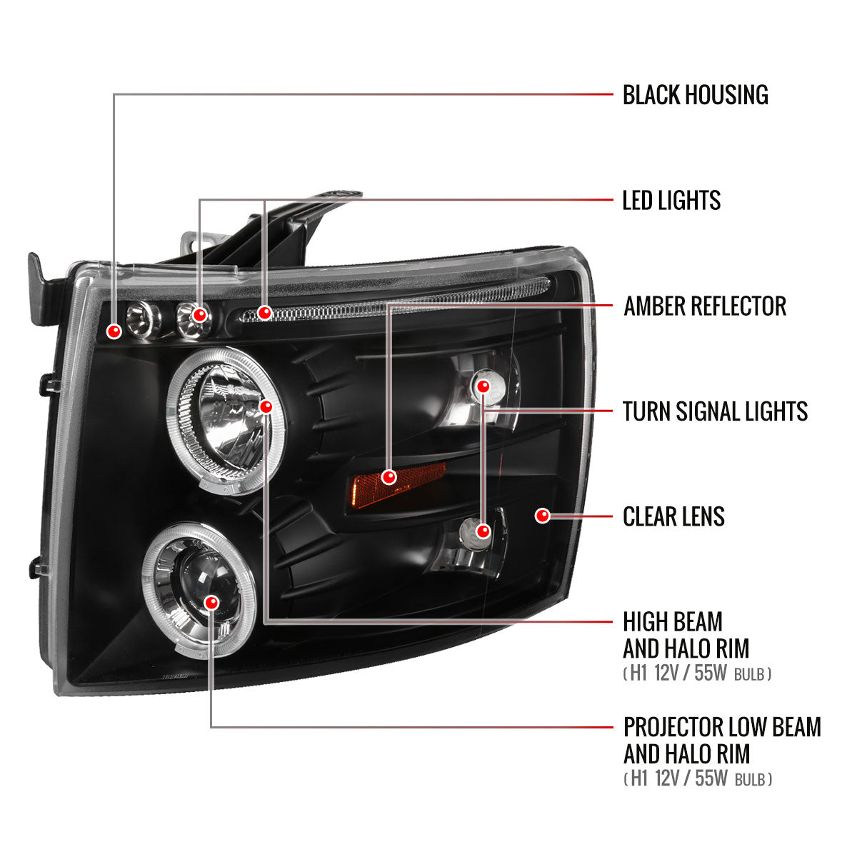 2007-2013 Chevrolet Silverado 1500/ 2007-2014 Silverado 2500HD 3500HD Dual Halo Projector Headlights (Matte Black Housing/Clear Lens)