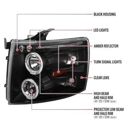 2007-2013 Chevrolet Silverado 1500/ 2007-2014 Silverado 2500HD 3500HD Dual Halo Projector Headlights (Matte Black Housing/Clear Lens)