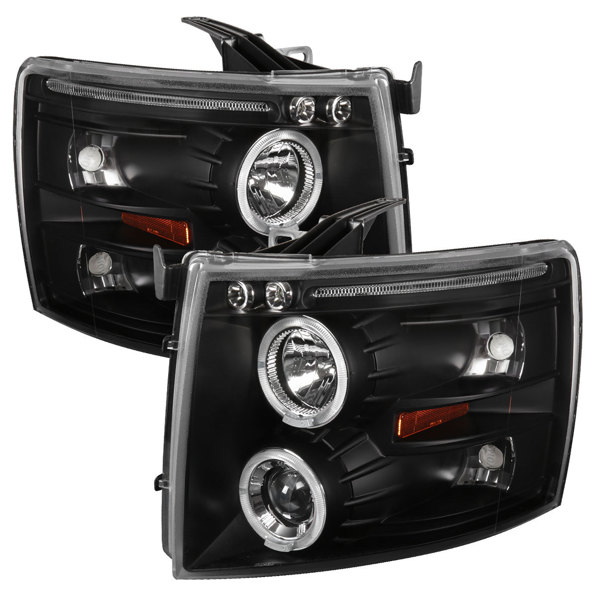 2007-2013 Chevrolet Silverado 1500/ 2007-2014 Silverado 2500HD 3500HD Dual Halo Projector Headlights (Matte Black Housing/Clear Lens)