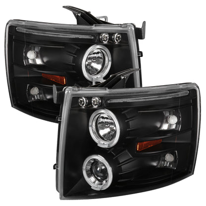 2007-2013 Chevrolet Silverado 1500/ 2007-2014 Silverado 2500HD 3500HD Dual Halo Projector Headlights (Matte Black Housing/Clear Lens)