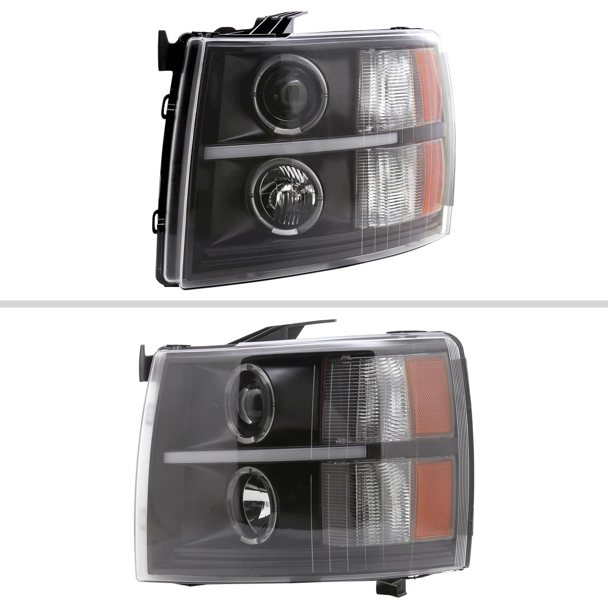 2007-2013 Chevrolet Silverado 1500/ 2007-2014 Silverado 2500HD 3500HD Dual Halo Projector w/ LED Light Bar Headlights (Matte Black Housing/Clear Lens)