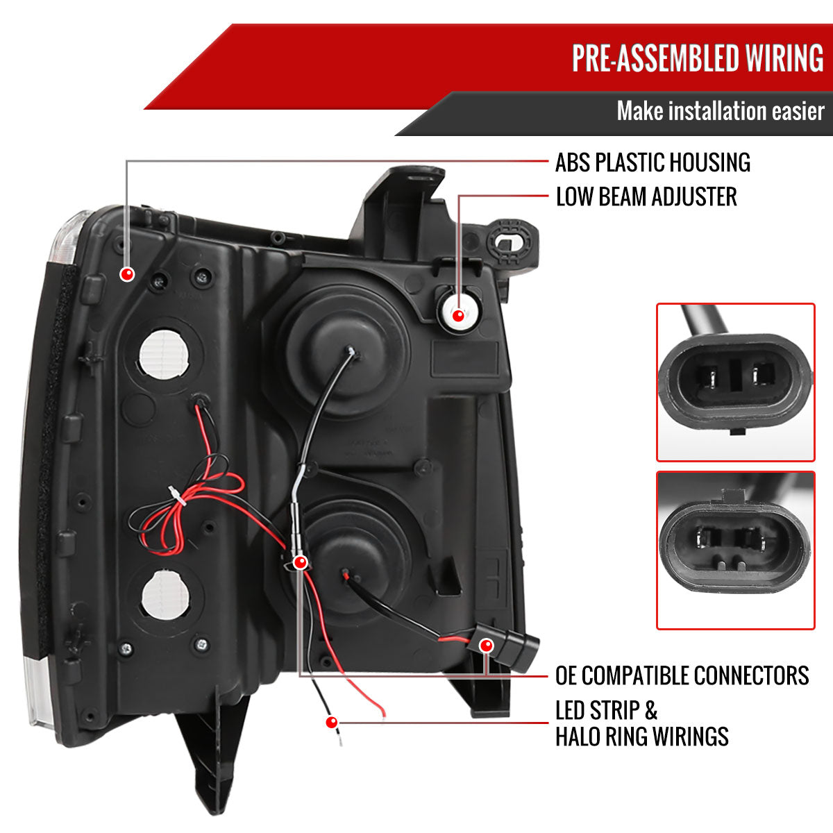 2007-2013 Chevrolet Silverado 1500/ 2007-2014 Silverado 2500HD 3500HD Dual Halo Projector w/ LED Light Bar Headlights (Matte Black Housing/Clear Lens)