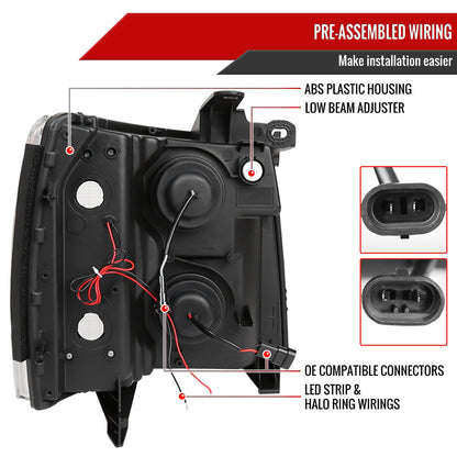 2007-2013 Chevrolet Silverado 1500/ 2007-2014 Silverado 2500HD 3500HD Dual Halo Projector w/ LED Light Bar Headlights (Matte Black Housing/Clear Lens)