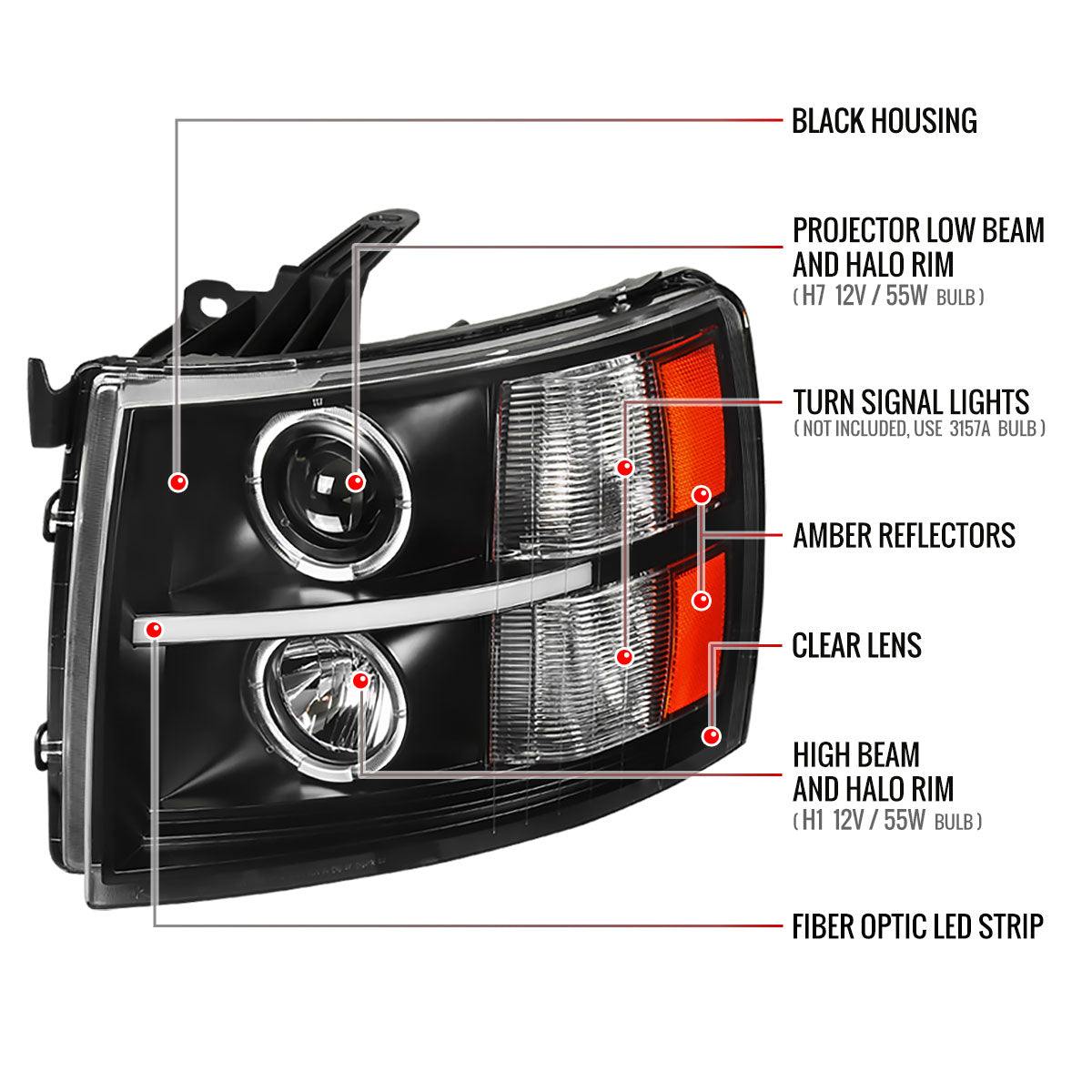 2007-2013 Chevrolet Silverado 1500/ 2007-2014 Silverado 2500HD 3500HD Dual Halo Projector w/ LED Light Bar Headlights (Matte Black Housing/Clear Lens)